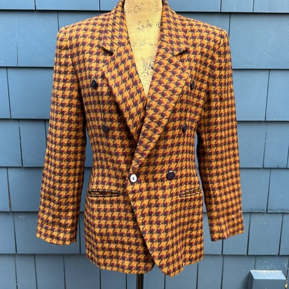 Rena Rowan Mustard and Burgundy Houndstooth Wool Blazer